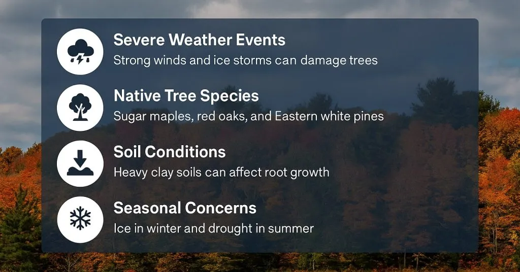 Infographic showing tree care challenges in Altamont, NY, including severe weather, native species, soil conditions, and seasonal concerns